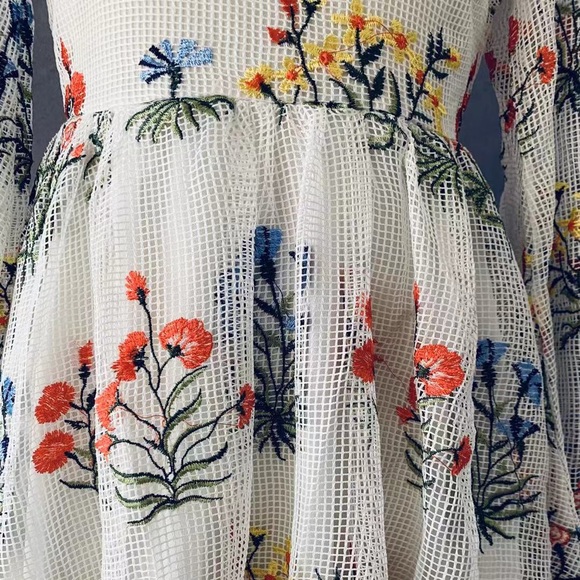 New A line Mesh Embroidered Puff Sleeve Dress - Picture 5 of 5